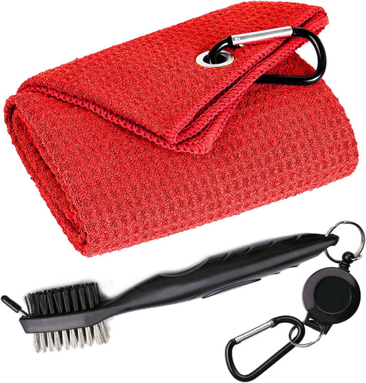 Golf Towels, Microfiber Waffle Pattern Tri-fold Golf Towel - Brush Tool Kit with Club Groove Cleaner, with Clip Men Women Golf Gifts (Red Towel+Black Brush)