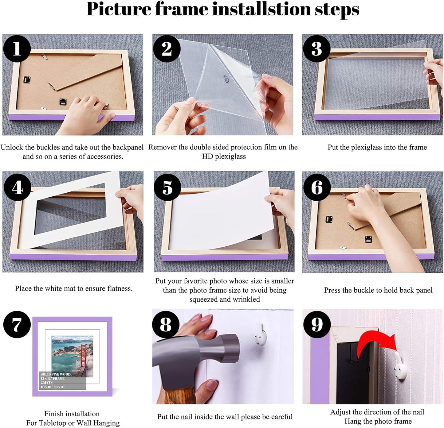 12x12 Wood Picture Frames for Wall Hanging or Tabletop,Diamond Painting Frame Baby Scan Picture Frames with 2 Mats Display 8x8 or 10x10 for Family Walls Decoration,Anniversary,Wedding,Christmas(Purple)