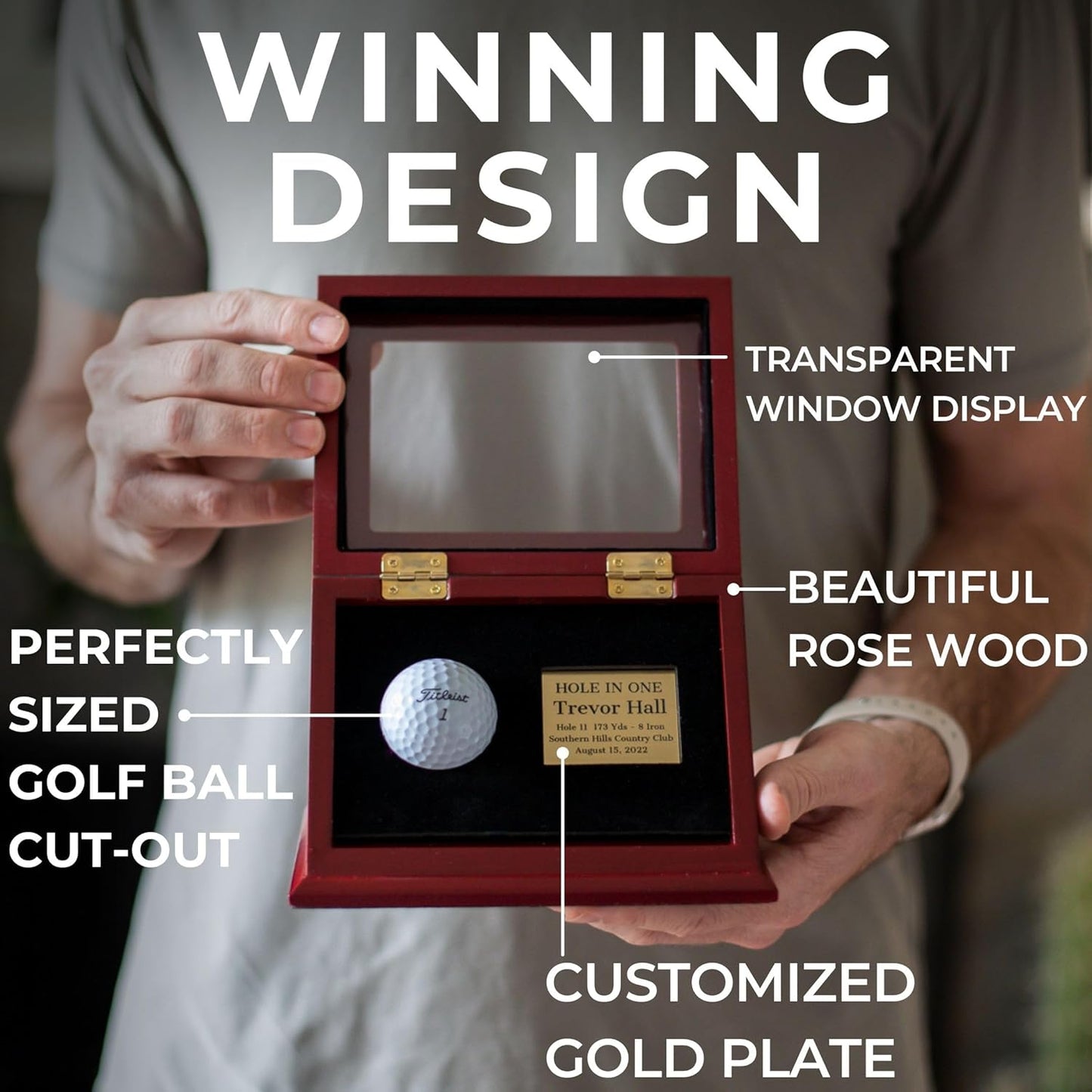 Hole-in-One Wooden Golf Ball Display Case with Custom Engraved Gold Plate - Polished Rose Wood Box with Transparent Window - Dust Protection for Golf Ball Memorabilia with Personalization