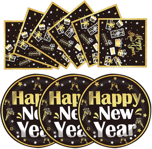 40PCS Happy New Year Paper Plates and Napkins Party Supplies, Disposable New Year Party Plates and Napkins Tableware Set for 2025 New Years Eve Party Decorations Serves 20 Guests (New Year)