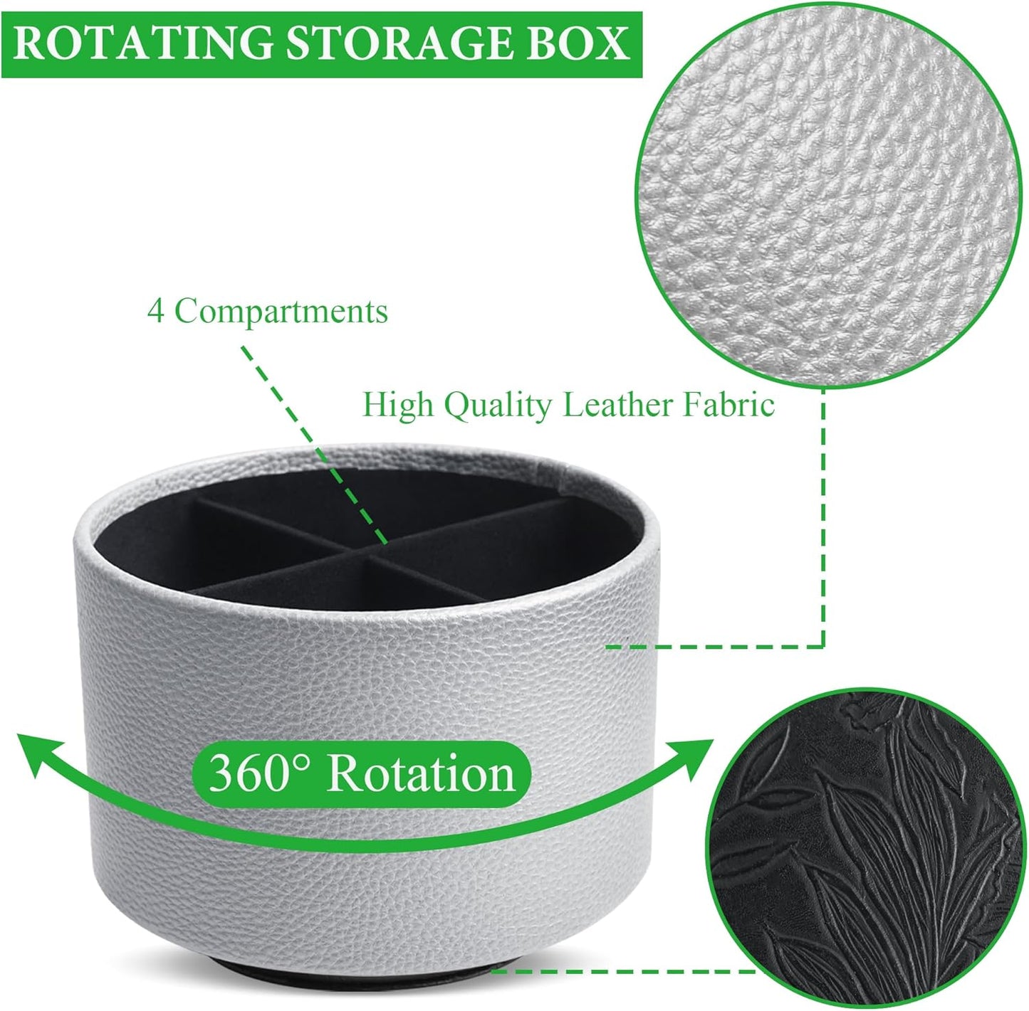 Hennaja Round Leather Art Supply Organizer,Remote Control Holder,360 Degree Spinning,Multi-Functional Pencil Holder,4 Compartments Desktop Stationary Organizer(1-Lichee Silver)