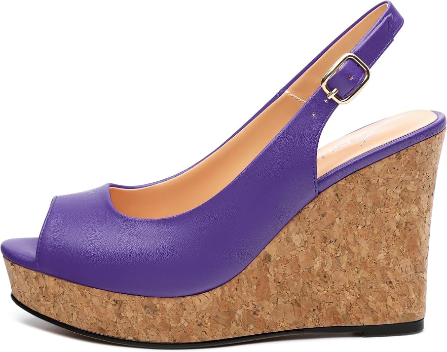 Womens Peep Toe Wedge Heels Matte Fashion Cork Slingback Pumps Platform Wedge - Image 2