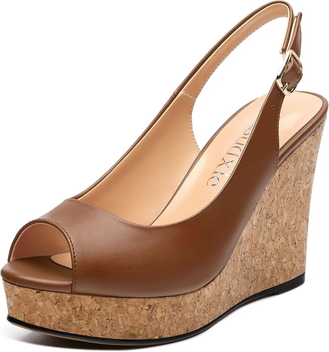 Womens Peep Toe Wedge Heels Matte Fashion Cork Slingback Pumps Platform Wedge by zasudxie