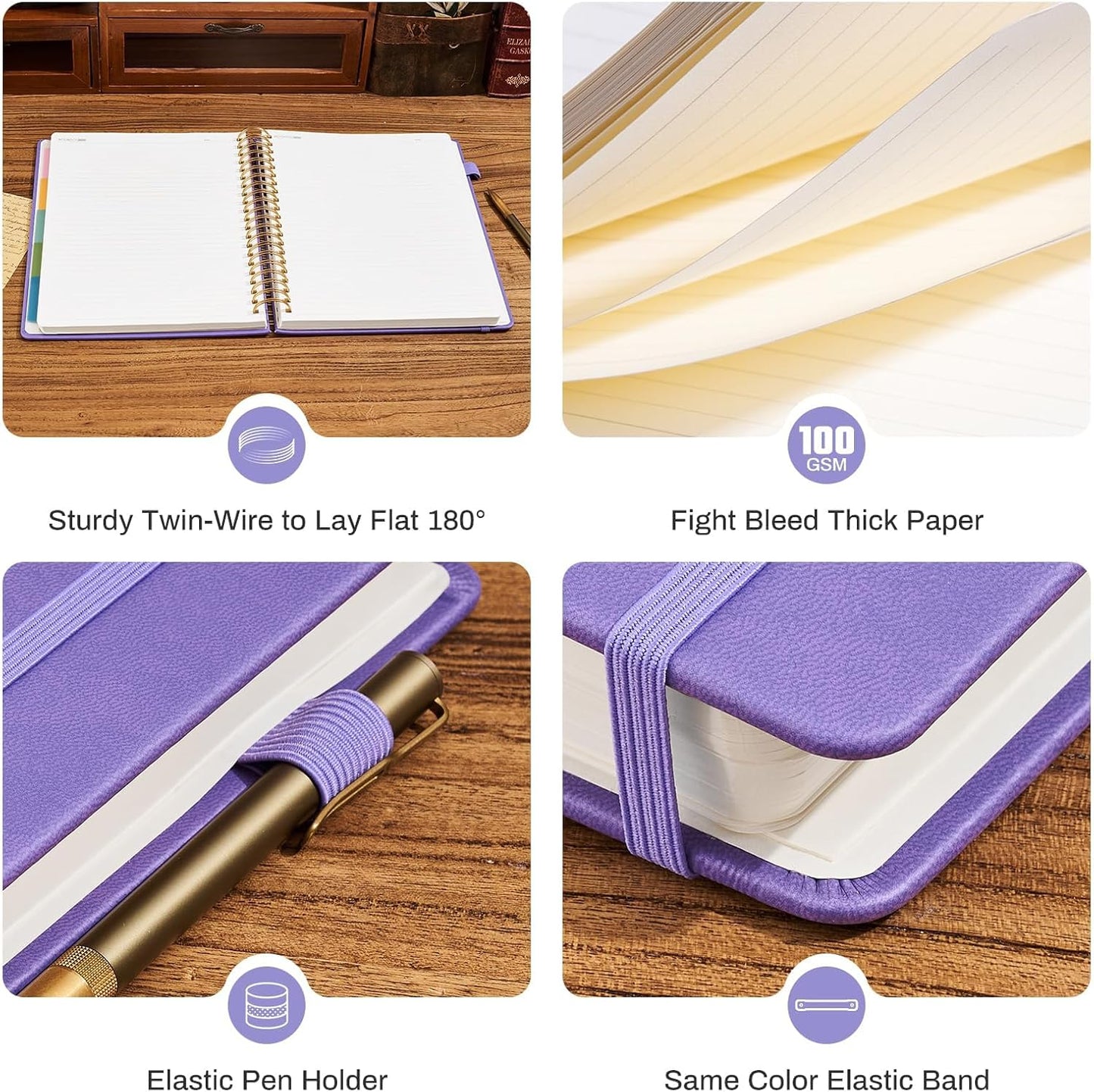 Hardcover Spiral Notebook 8.5" x 11" with 5 Removable Dividers 300 Pages Leather 5 Subject Notebook College Ruled 100GSM Large Spiral Notebooks for Work Thick Lined Journal for Women, Purple