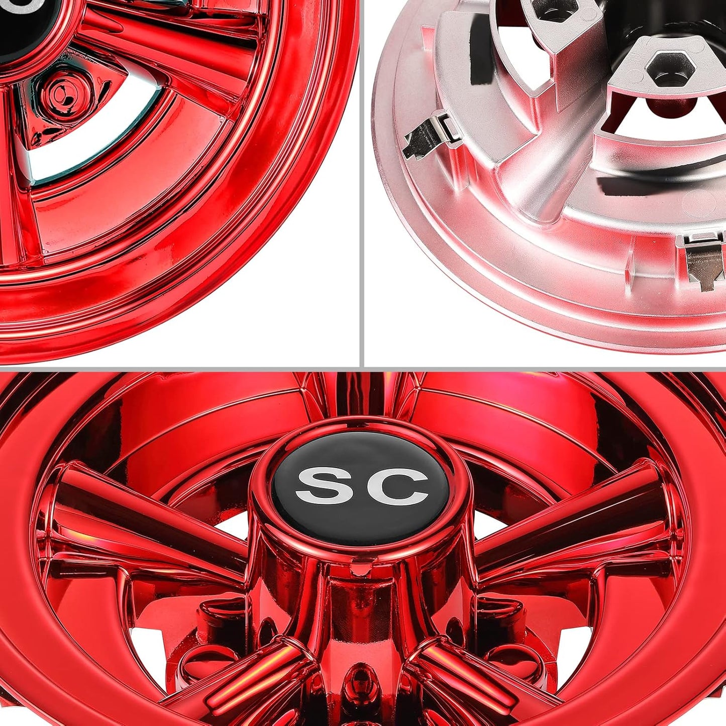 HUNCHENXIANG Golf Cart SS Wheel Covers for EZGO, Club Car, Yamaha Par Car- 8 Inch Chrome Hub Caps Set of 4 (Red)