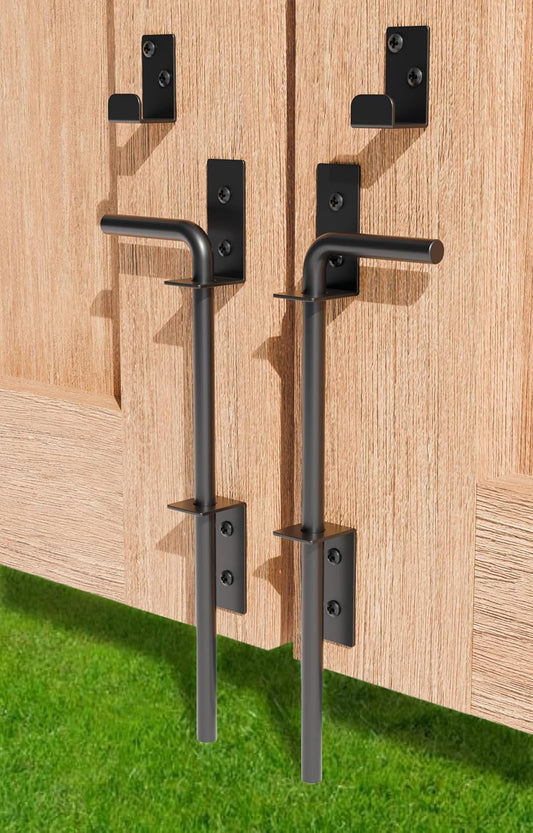 12" Heavy Duty Cane Bolt Gate Drop Rod Extra Thick Hardware Ground Latch for Wood PVC Vinyl Metal Fences Gates, Double Doors, Black Solid Steel-2 Pack