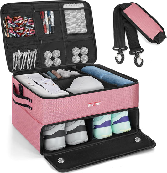ANILD Golf Trunk Organizer, 2 Layer Golf Storage Case with Separate Ventilated Compartment for 2 Pair Shoes, for Balls, Tees, Clothes, Gloves, Accessories, Golfer Gifts