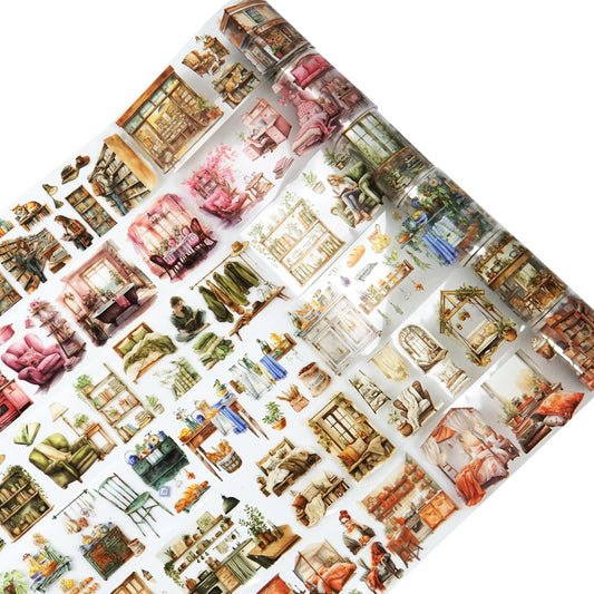 6Pcs Living Theme PET Tapes, Home Tapes for Journaling, Scrapbook Supplies, and Junk Journal Ephemera, with Decorative Clip
