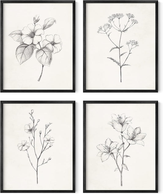 HAUS AND HUES Grey Floral Wall Art - Set of 4 Plant Posters for Wall Vintage, Botanical Prints, Black and White Flower Pictures for Room Aesthetic, Farmhouse Bathroom, Rustic Art (Black Frame, 8x10)