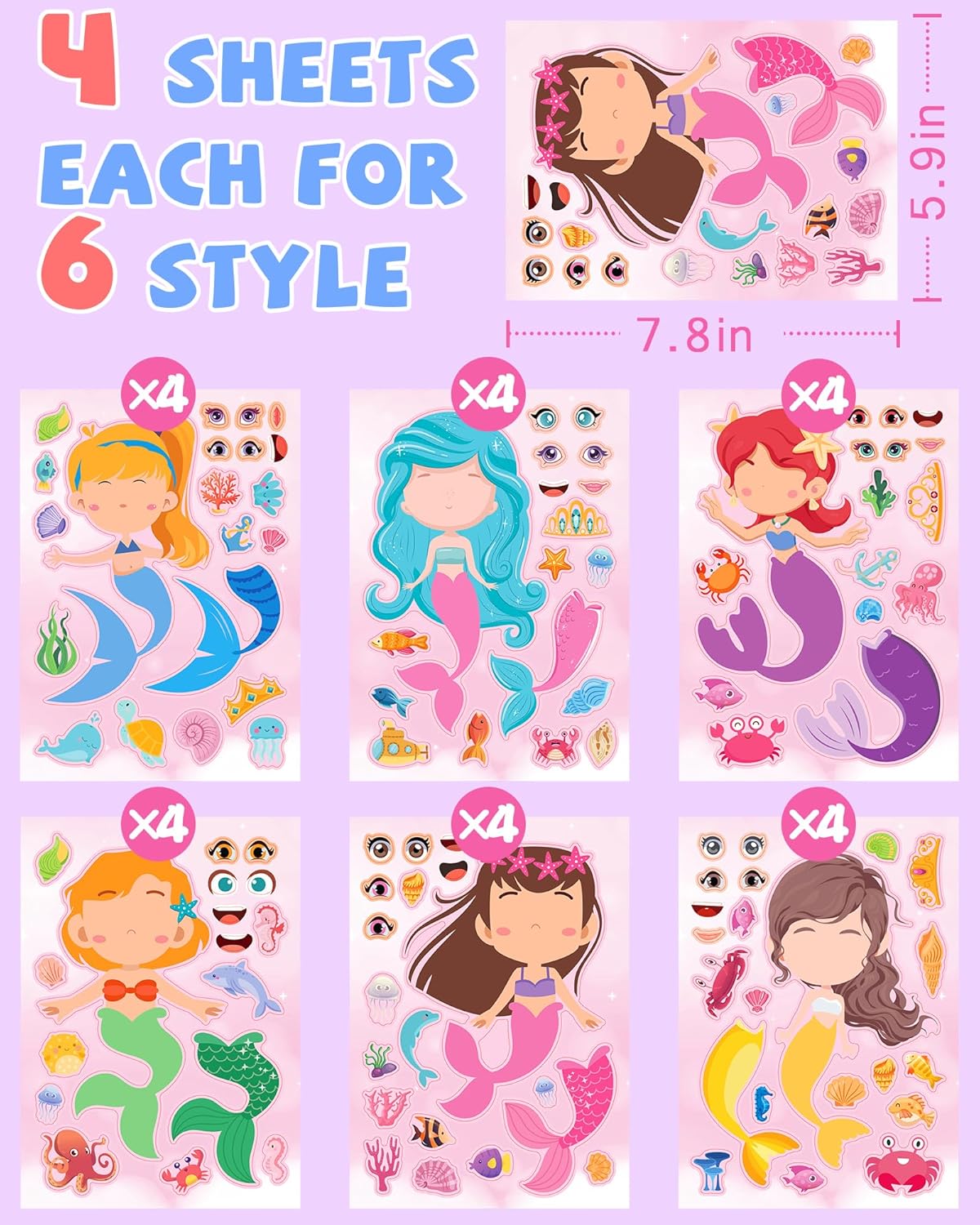 24 Pcs Make Your Own Mermaid Sticker Sheets for Kids with Mermaid Face Stickers for Toddlers Crafts Activities Gift Bag Stuffers Birthday Party Favors for Kids