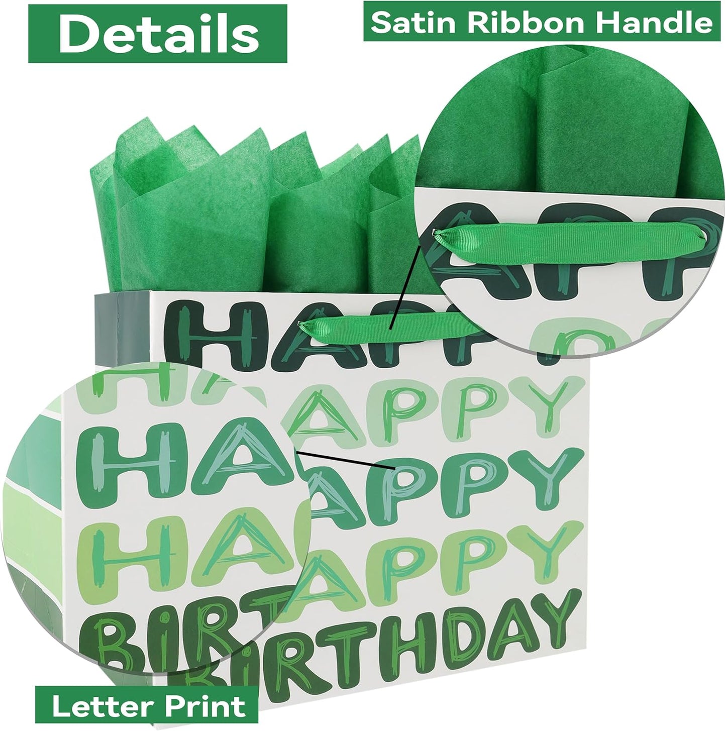 13'' Large Green Happy Birthday Gift Bag Set with Handles, Greeting Card, Tissue Papers and Stickers for Women Girls Men Boys Kids Teens, Words Design, 1 Pcs