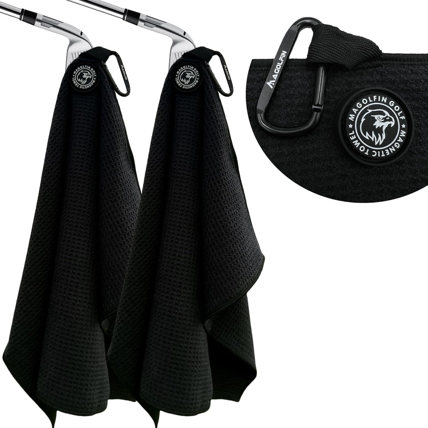 2-Pack Magnetic Golf Towel with Clip, Microfiber Waffle Design - Industrial Strength Magnet for Strong Hold to Golf Bags, Carts & Clubs - Black