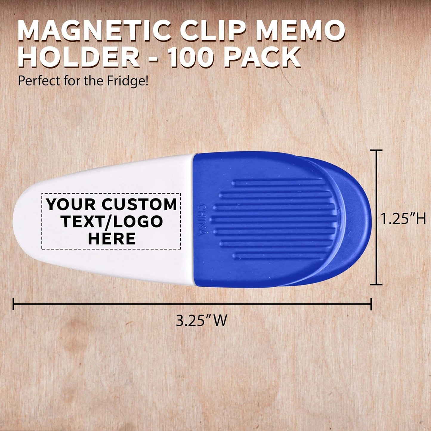 100 Magnetic Memo Holders Set - Customizable Text, Logo - Large Clip, Plastic - White Blue