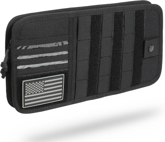 Heavy Duty Molle Car Sun Visor Organizer - Tactical Car Accessories with Zipper Visor Storage Pouch,Glasses Clip and Card Sleeve Pocket, Multi-Pocket Visor Organizer Storage Pouch for Cars SUVs Trucks