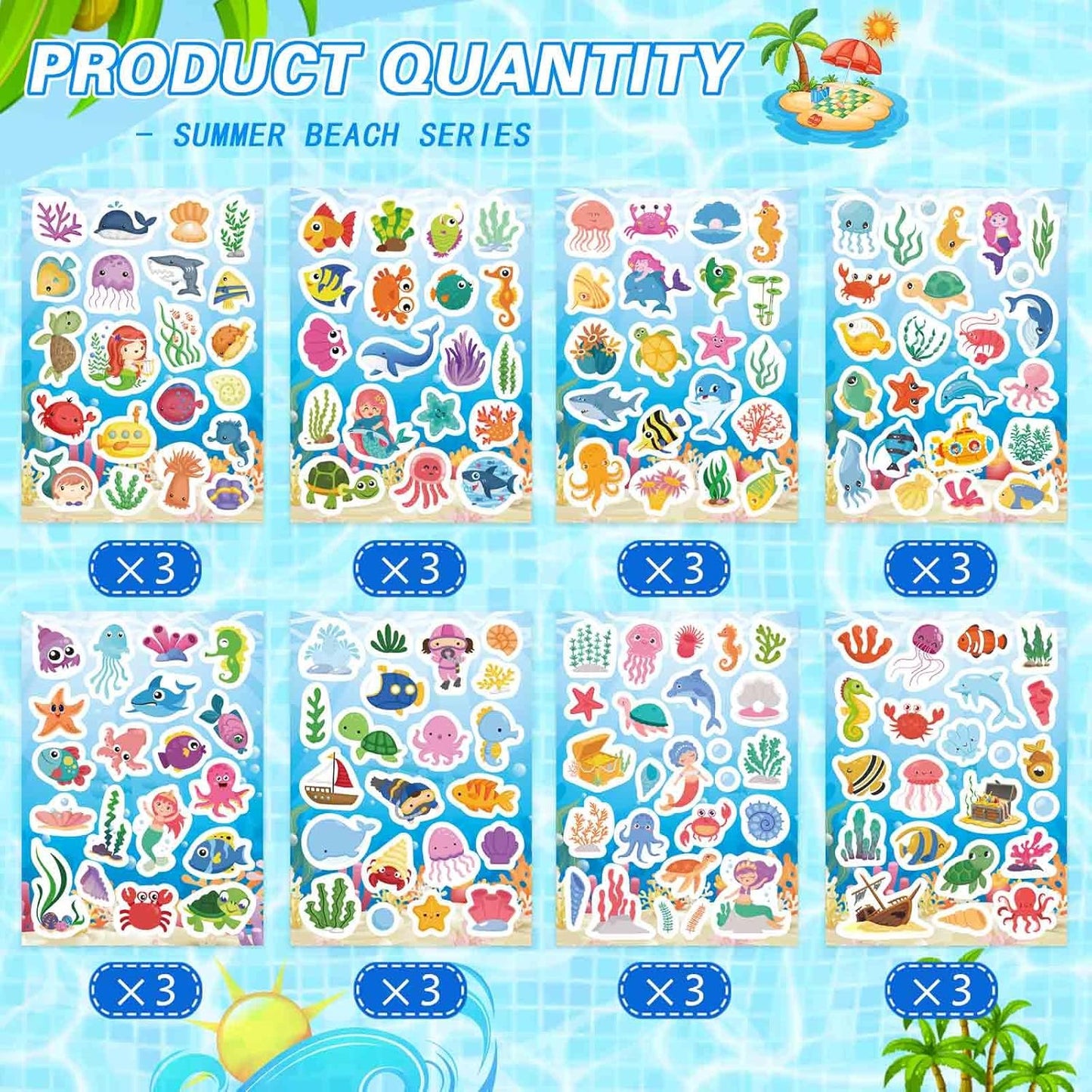 24 Sheets Ocean Stickers for Kids, Sea Animal Adhesive Waterproof Stickers, Mermaid Tropical Fish Shark Sticker, Under The Sea Animal Beach Sticker for Ocean Party Favors