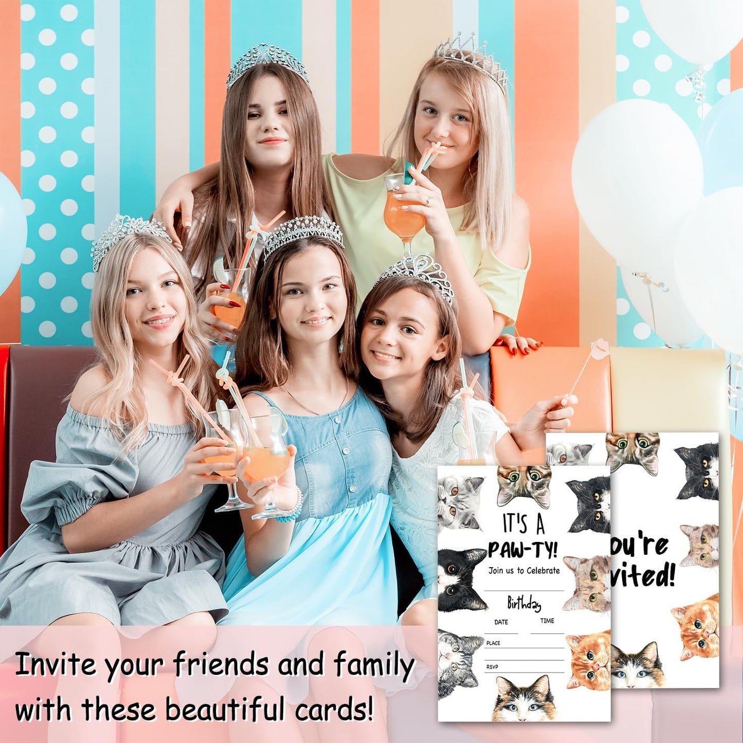 It's a paw-ty! Birthday Invitations, Cat Party Invitations, 20 Double-Sided Fill In Invitation with Envelopes for Boys Girls, Birthday Party Decorations Favor