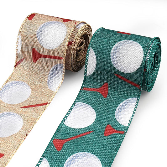 2.5''x 10 Yards Golf Ball Wired Ribbon for Wreath Bows DIY Crafts Golf Tees Ribbon Sports Ball Burlap Ribbons for Wrapping Cheerleaders Party Home Decoration