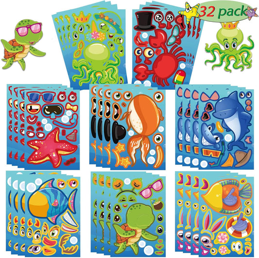 32 Sheets Make Your Own Ocean Animals Stickers for Kids Classroom DIY Art Craft Teacher Rewards Summer Party Favor Sticker for Birthday Gift Children Room Ocean Decorated
