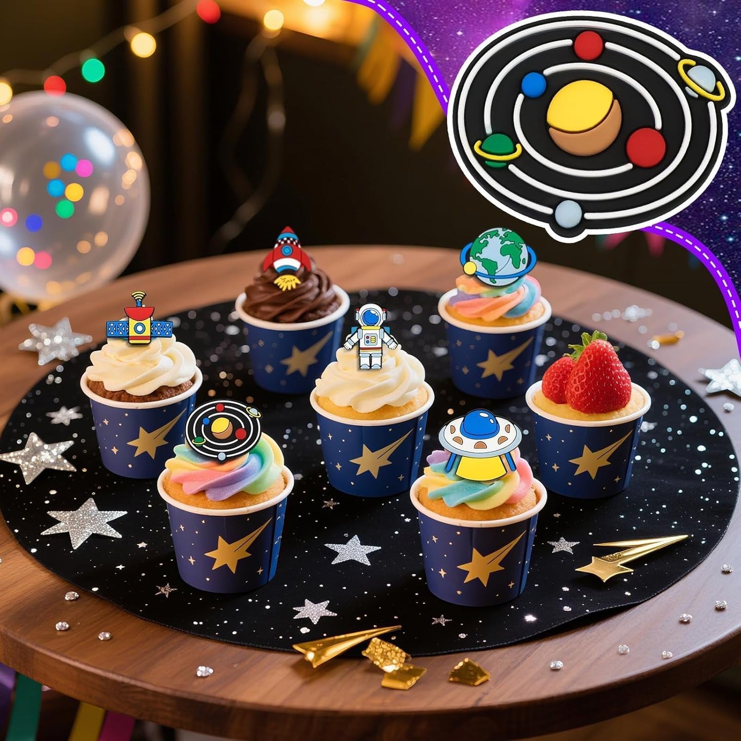 24PCS Space Astronaut Cupcake Ring Toppers Planet Rocket Spaceship Trip to the Moon Cupcake Picks Space Themed Party Cake Decorations for Baby Shower Birthday Party Supplies