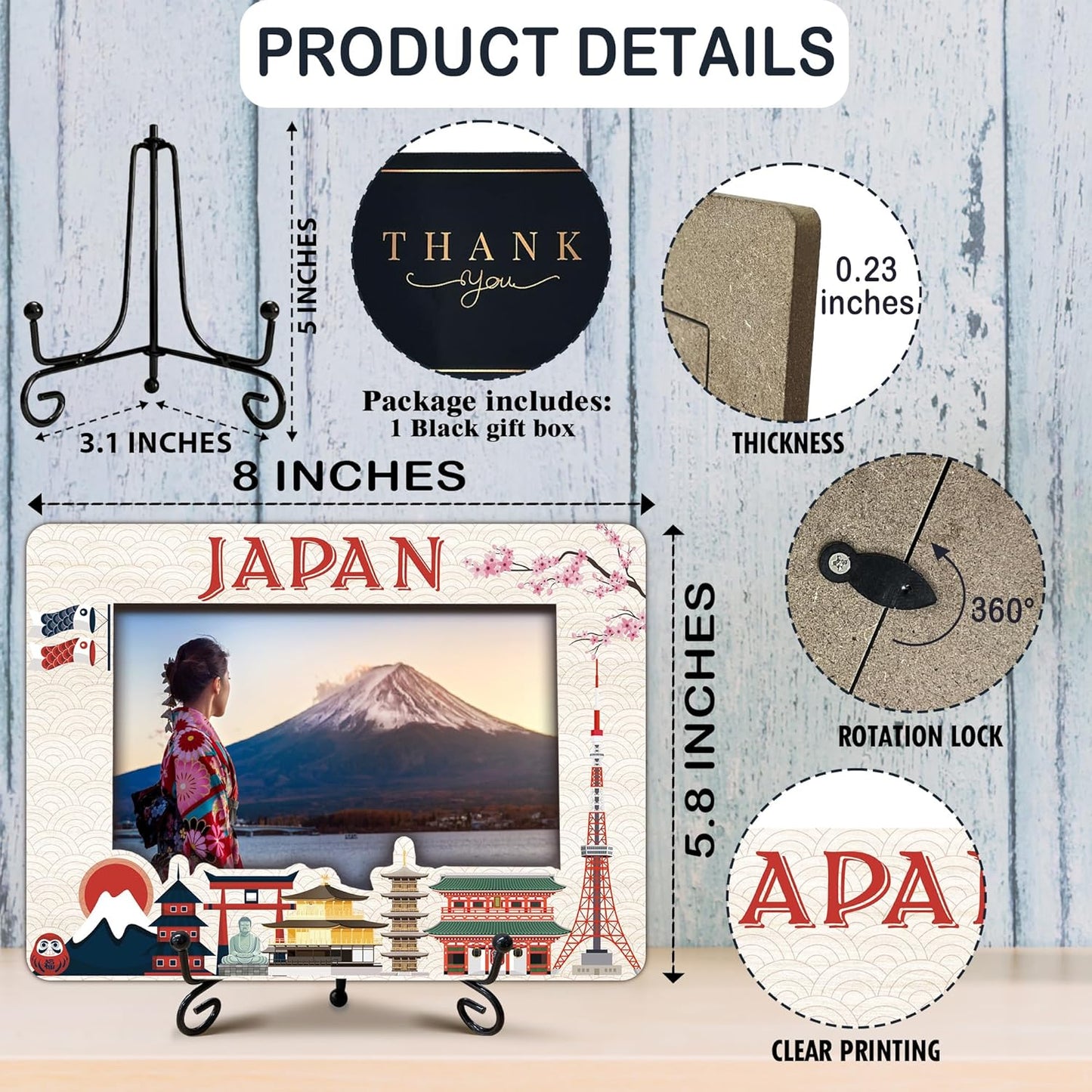 Japan Travel Picture Frame, 5 x 8 Japan Themed Wooden Photo Frame with Stand, Vacation Anniversary Honeymoon Gifts For Friend Family Couples, Home Office Desk Decorations-A06