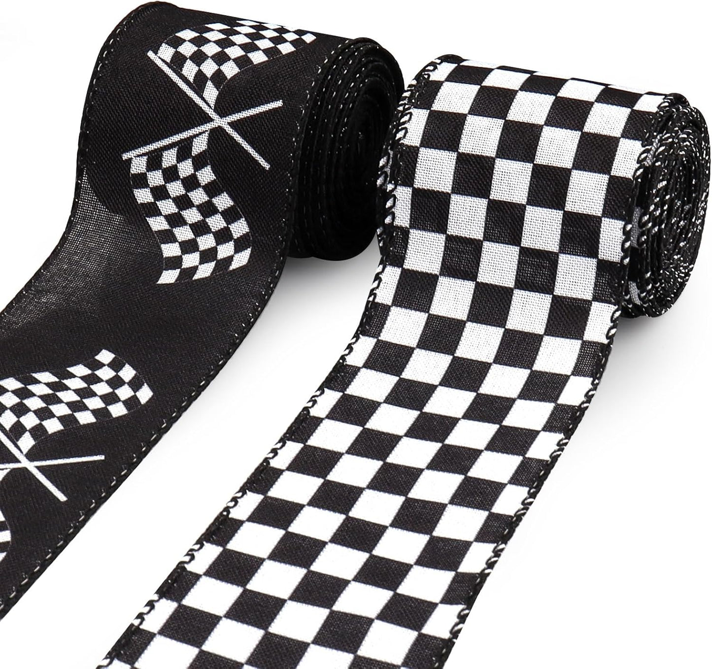 2 Rolls 2.5 Inch X 10 Yards Racing Car Theme Printed Ribbon for Crafts Wrapping Black and White Checkered Ribbon for Wreath Bows Sport Team Birthday Party Home Decoration