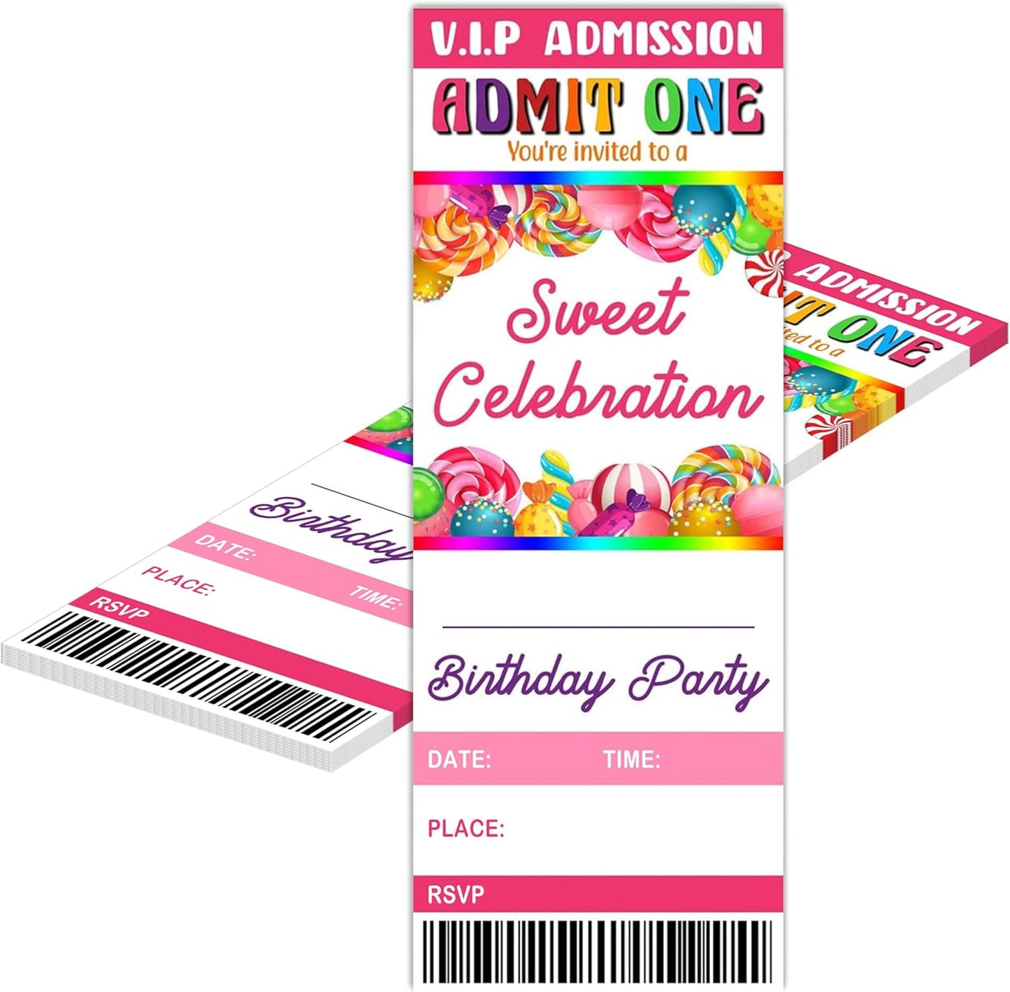 20 Candy Party Ticket Invite Cards-Sweet Celebration Birthday Invitation with Envelopes for Kids Girls Boys-Pink Candy Birthday Cards-Party Favor & Supplies (3×8 inch)-A26