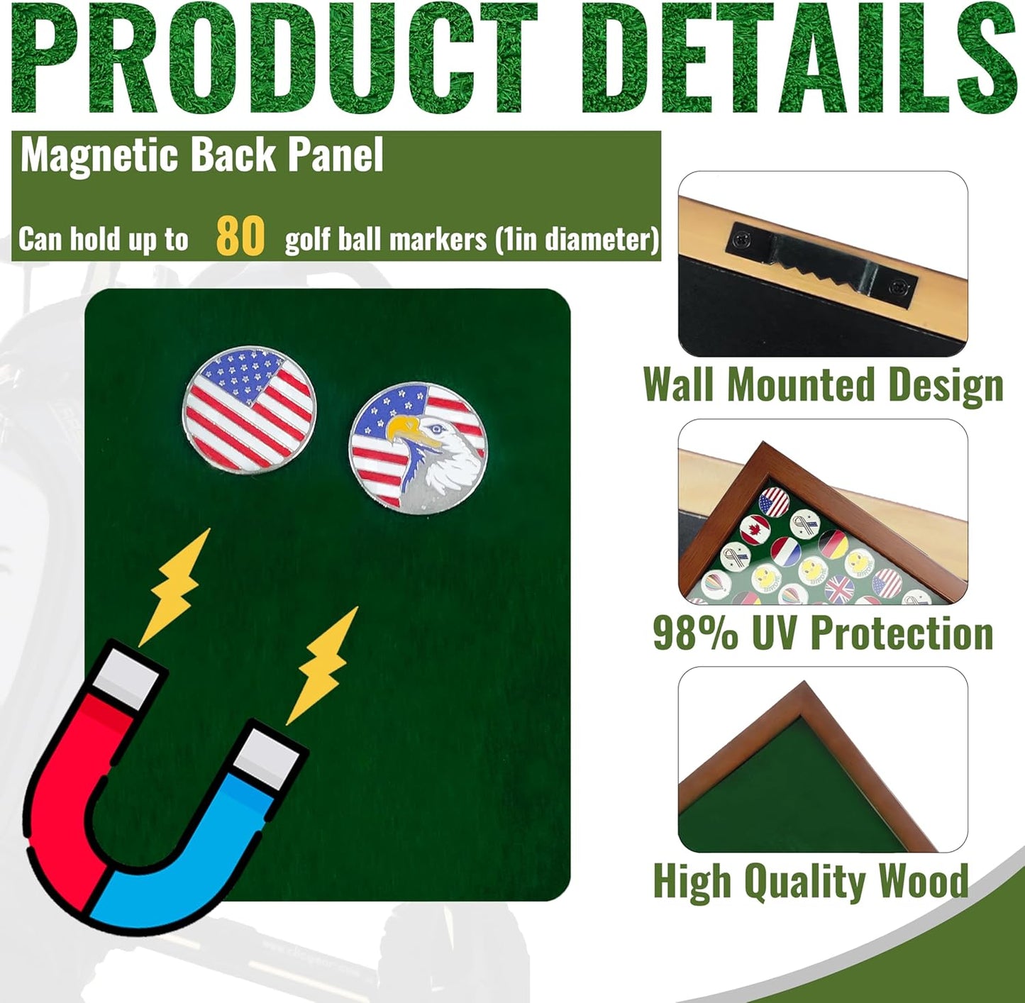 20 Golf Ball Marker Display Case Magnetic 11" W x 9" H Wall Mounted Ball Marker Display Frame Shadow Box Acrylic Cover Magnetic Back Panel Suitable for Collecting Golf Ball Markers