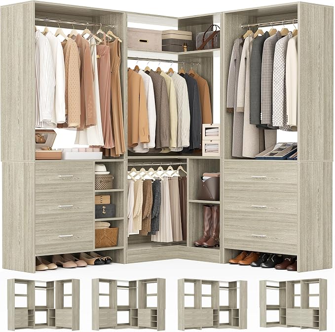 Aheaplus Closet System with 6 Drawers, 4 Hanging Rods & Corner Tower, Corner by Aheaplus