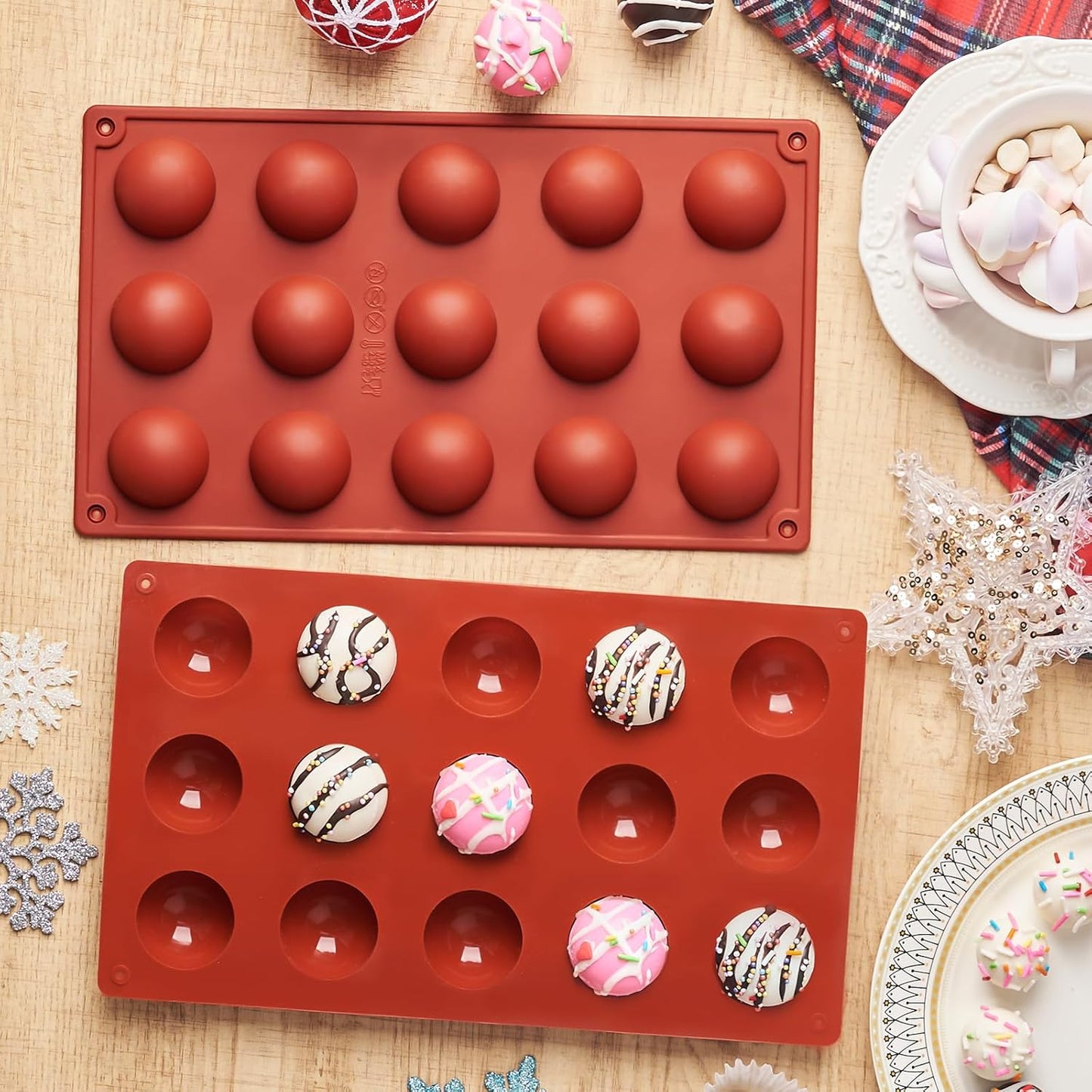 2 Pack Semi Sphere Silicone Molds, 1.5 Inch Hot Chocolate Bomb Molds 15 Cavity Half Sphere Silicone Baking Molds for Chocolate, Cake, Jelly, Dome Mousse