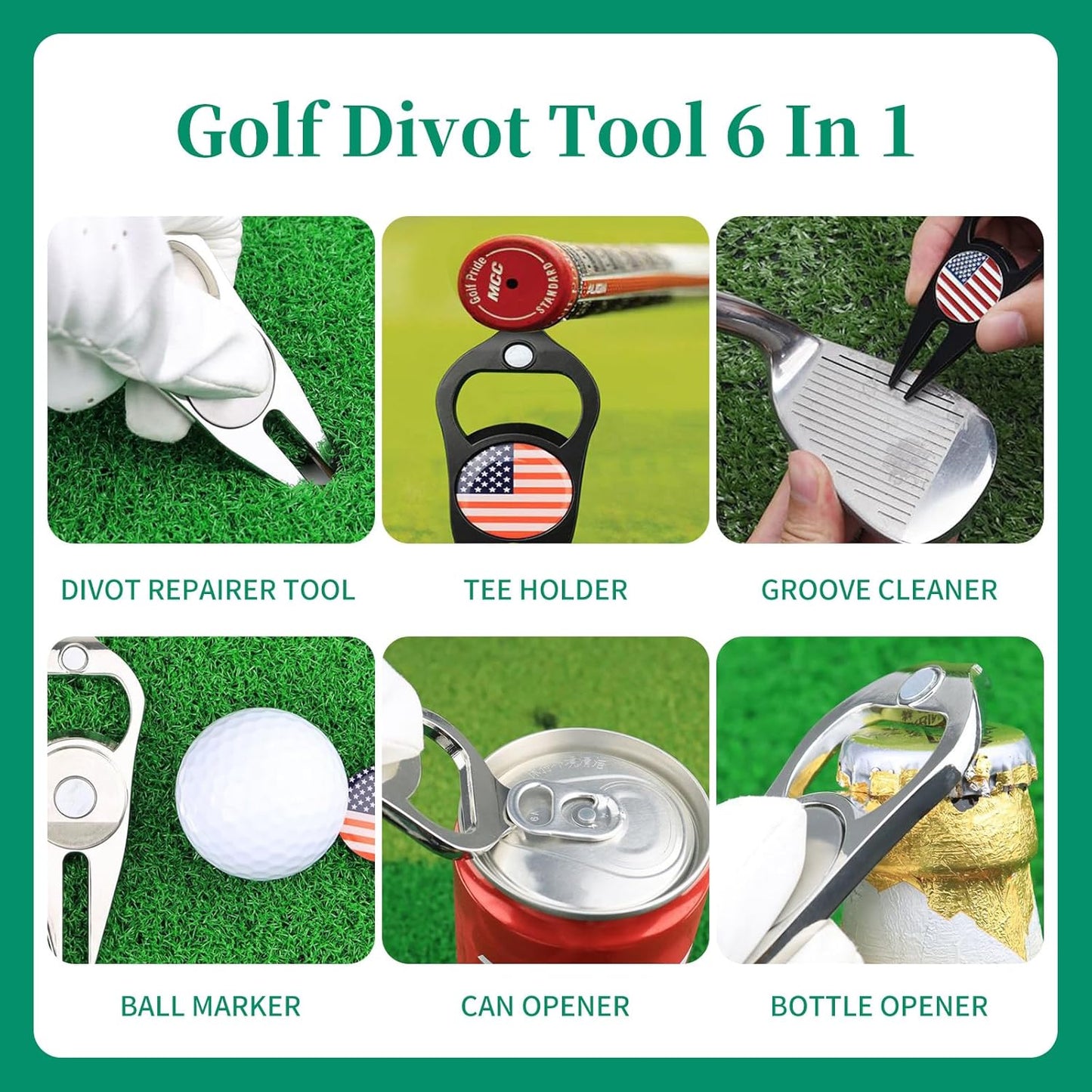 2 Pcs Golf Divot Repair Tool Divot Tool and Ball Marker, Gift Ideas Golf Multitool for Men Golfers (Flag)