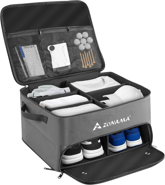 Golf Trunk Organizer, 3 Layers Large Space Car Trunk Locker, with Separate Compartment, Waterproof Golf Accessories Bag for 2 Pairs of Golf Shoes, Balls, Clothes, Golf Gift for Men Women