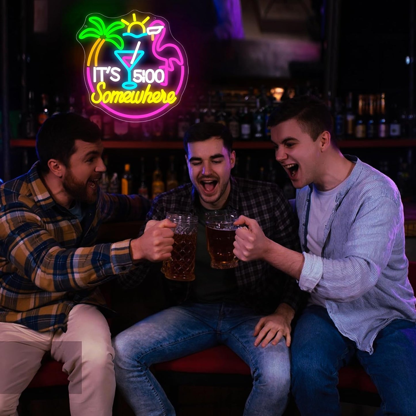 Its 5 O'clock Somewhere Neon Sign for Wall Decor Dimmable Led Flamingo Cocktail Neon Light for Man Cave Tiki Bar Home Beer Bar Beach Party Bedroom Christmas Birthday Gift Size 13.1 * 12.9In (WZCP167)
