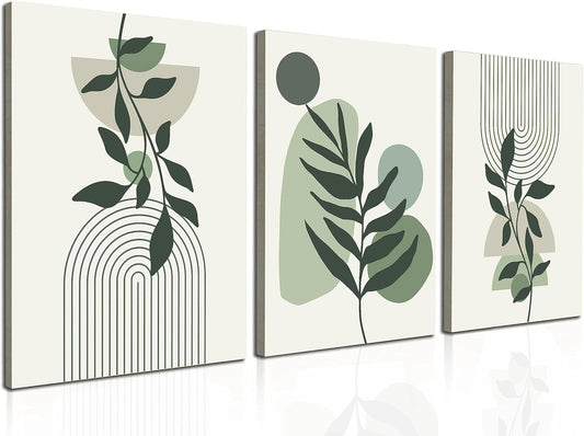 Induslyfe Large Framed Boho Canvas Wall Art Set of 3, Mid Century Modern room Decor, Minimalist Geometric Abstract Boho Bathroom wall art Canvas Prints Ready To Hang Bedroom decor (Sage Green,
