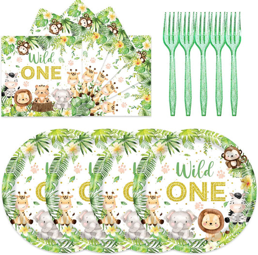 48Pcs Wild One Birthday Decorations Disposable Jungle Safari Plates and Napkins Forks Supplies Serves 16 1st Birthday Decorations Girl Boy