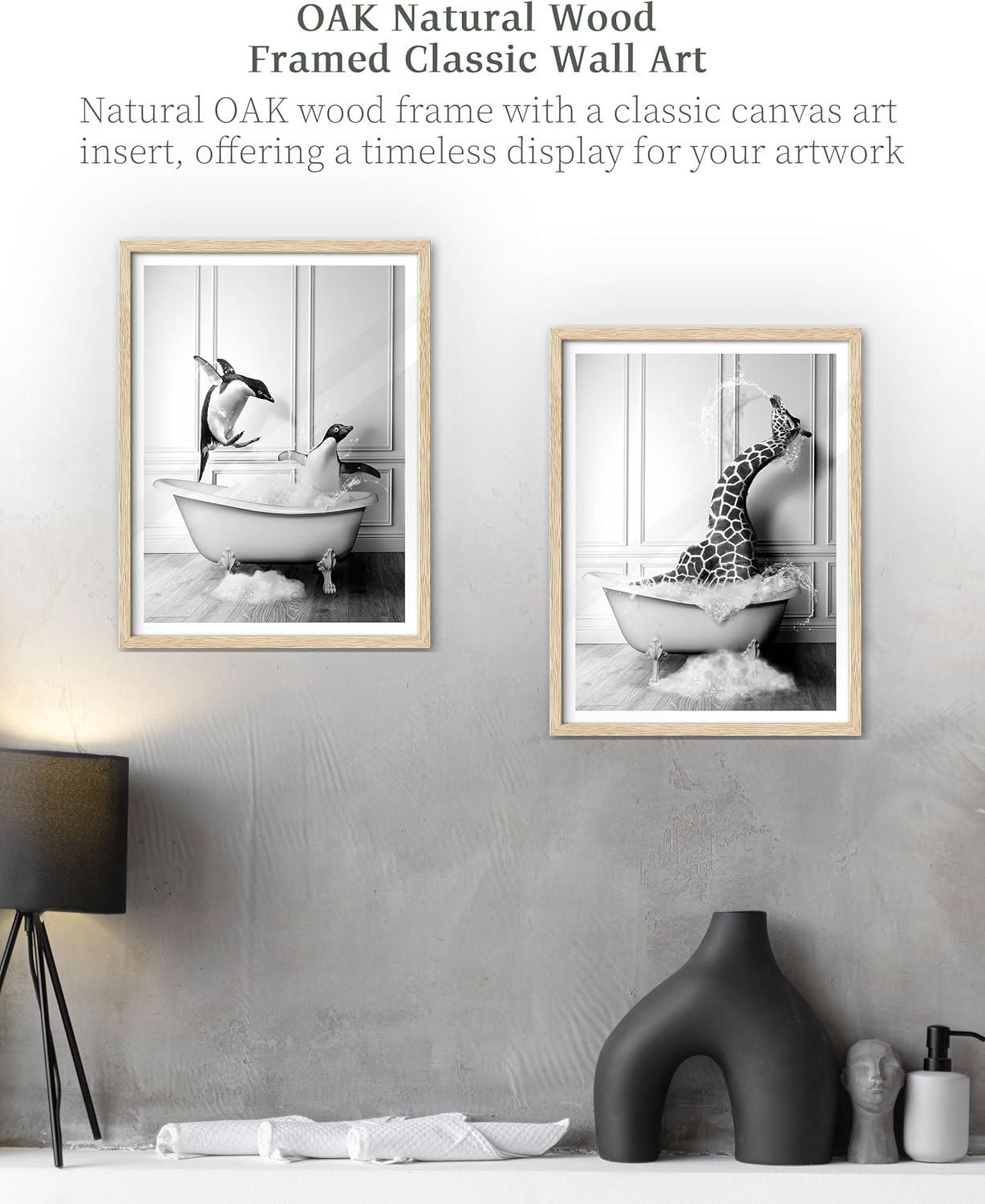 iHery Natural OAK Wood Framed Wall Art, 12x16 in Funny Bathroom Wall Art Decor, Penguin Bathing Animals Canvas Prints, Black and White Wall Decor Pictures For Bedroom Living Room Set of 1