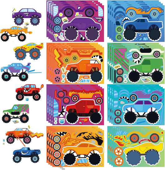 32PCS Monster Truck Stickers, Make Your Own Stickers, Monster Truck Themed Birthday Party Favor, Cartoon Car Make-a-face Sticker Teacher Classroom Rewards Activities for Girls Boys