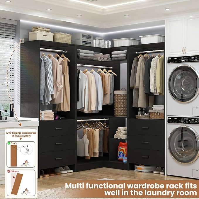 Aheaplus Closet System with 6 Drawers, 4 Hanging Rods & Corner Tower, Corner - Image 2