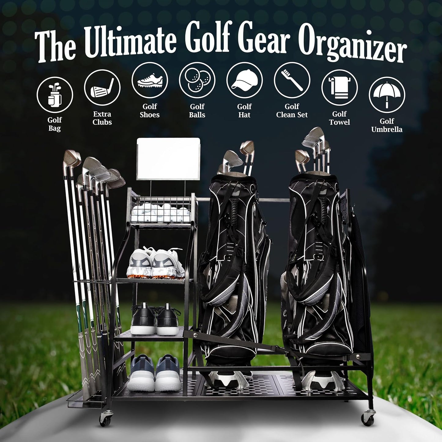 Heavy-Duty Golf Storage Rack for Garage – Holds 2 Golf Bags – Freestanding Organizer with Shelves, Club Stand, Hooks & Basket – Perfect for Shed, Backyard, Home Simulators, Basement