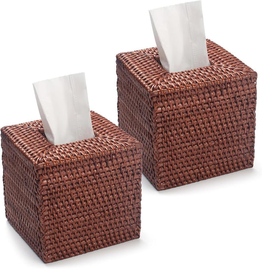 2 Pack Square Rattan Tissue Box Cover, Hand Woven Wicker Tissue Holder, 5.5 x 5.5 X 5.7 inches, Brown