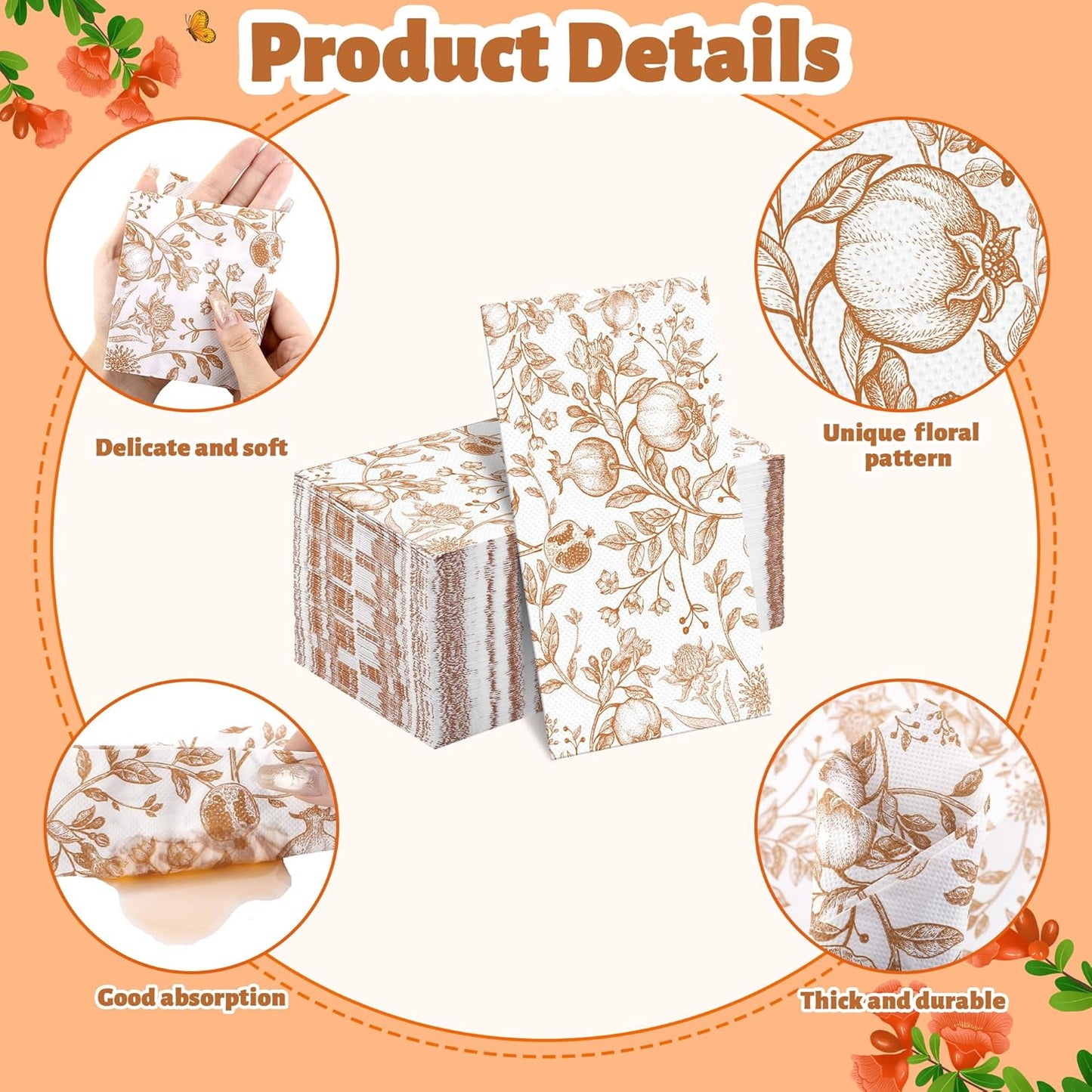 100 Pieces Thanksgiving Fall Pomegranate Napkins Disposable Paper Decorative Guest Party Napkins 7.8 x 4.3 Inch Autumn Orange Floral Hand Towels for Fall Thanksgiving Wedding Birthday Party