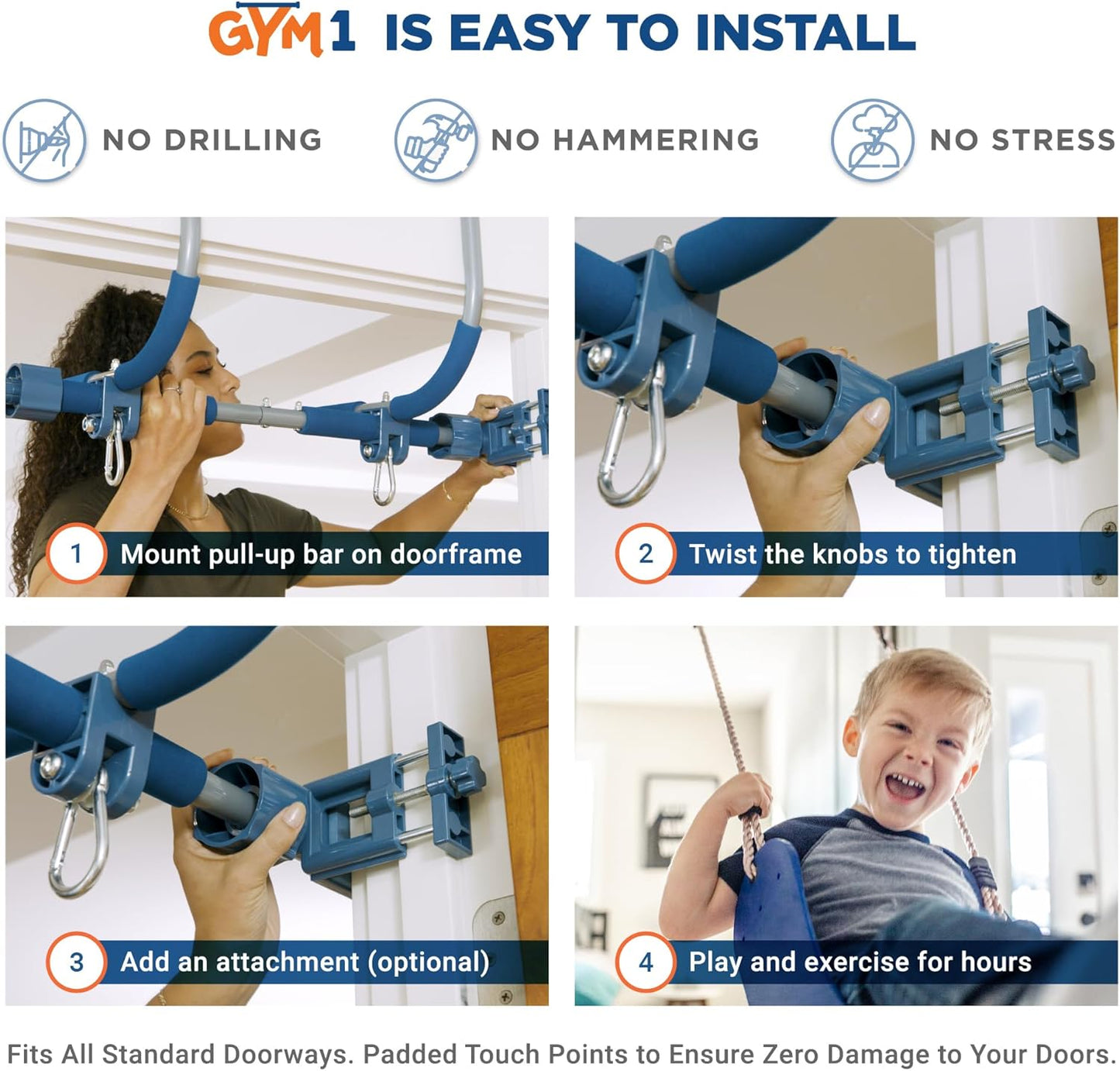 Gym1 6-Piece Doorway Gym Indoor Playground - 6-Piece, Blue - Indoor Playset with Sensory Swing, Pull-Up Bar & Rings, Trapeze, Ladder & Knotted Rope