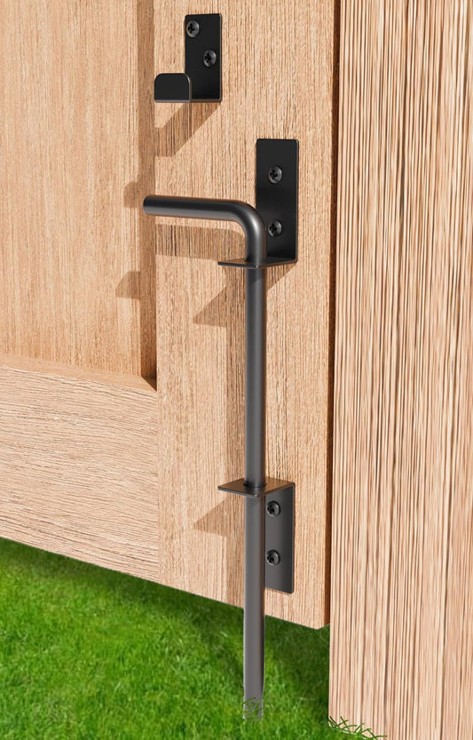 12" Heavy Duty Cane Bolt Gate Drop Rod Extra Thick Hardware Ground Latch for Wood PVC Vinyl Metal Fences Gates, Double Doors, Black Solid Steel-1 Pack