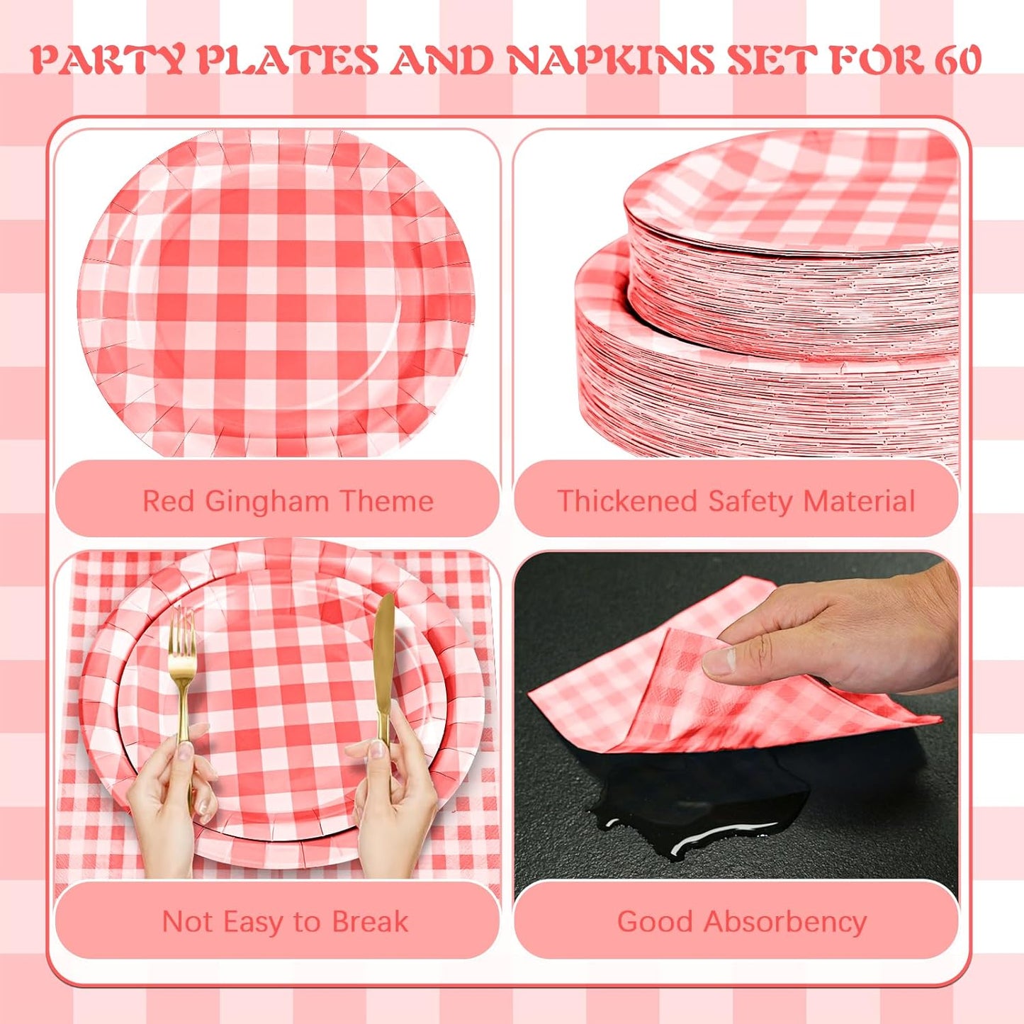 180Pcs Red Gingham Party Supplies Paper Plates and Napkins Serve 60 Disposable Tableware Set for Birthday Party Decorations Game Day Family School Holiday Sports Events