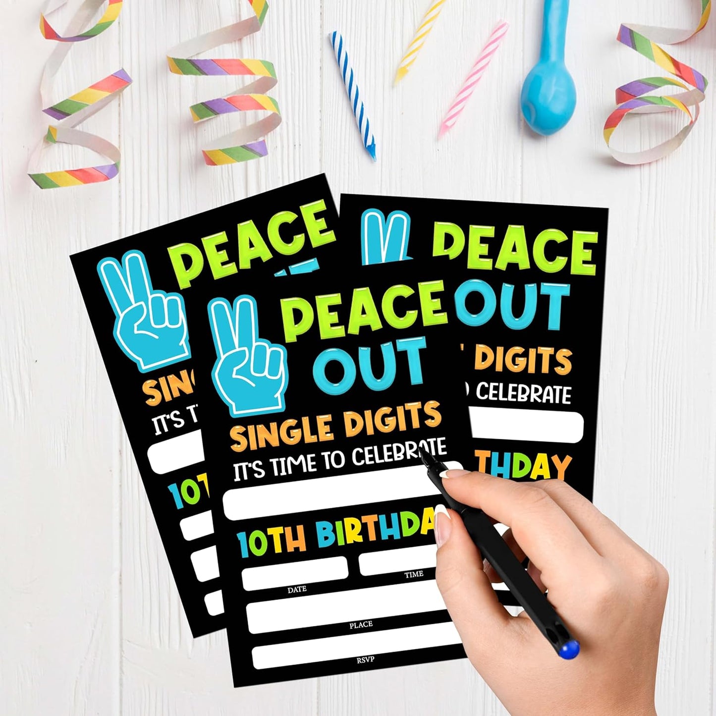 10th Birthday Invitations, 20 Invitation Cards with Envelopes, Peace Out Single Digits Invites for Party Decorations Favor Supplies - A30