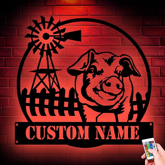 Custom Funny Pig Farmhouse Metal Sign, LED Lights Wall Art, Unique Home Decor by Unknown