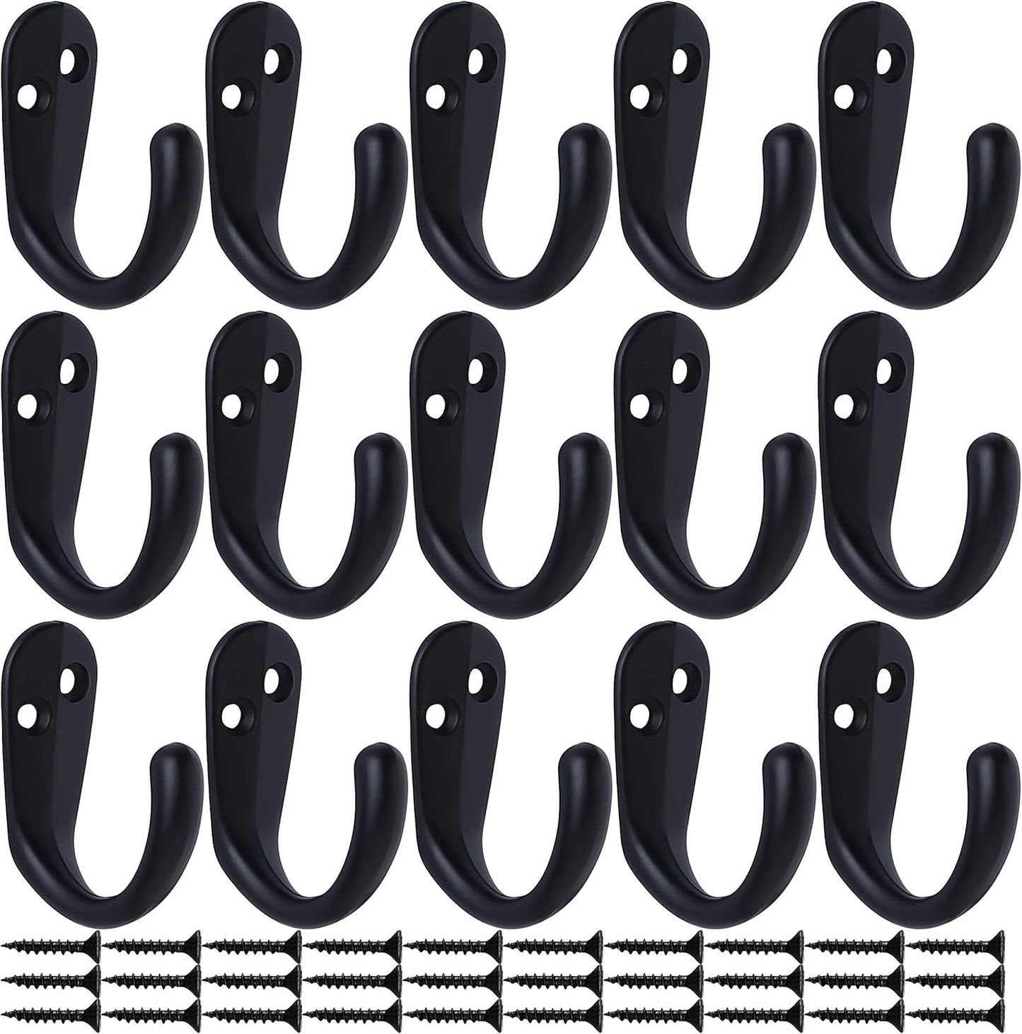 IBosins 15PCS Coat Hooks Wall Mounted Single Prong Robe Hook for Hanging Towel Hooks with 30 Screws for Bags, Hat, Cap, Scarf, Cup (Black)