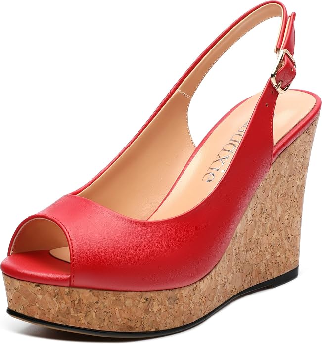 Womens Peep Toe Wedge Heels Matte Fashion Cork Slingback Pumps Platform Wedge by zasudxie