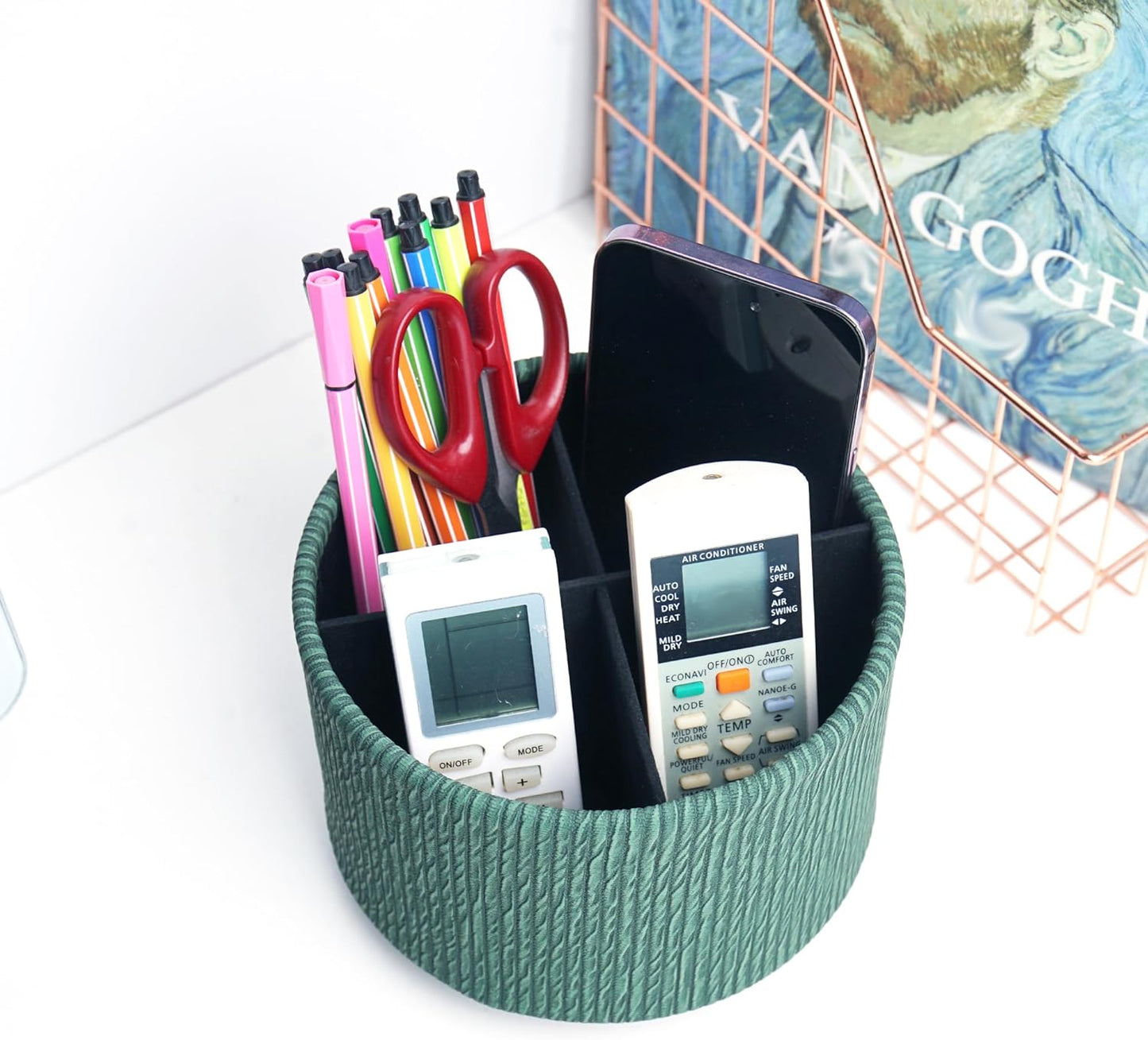 Hennaja Round Leather Art Supply Organizer,Remote Control Holder,360 Degree Spinning,Multi-Functional Pencil Holder,4 Compartments Desktop Stationary Organizer(1-Wood Green)