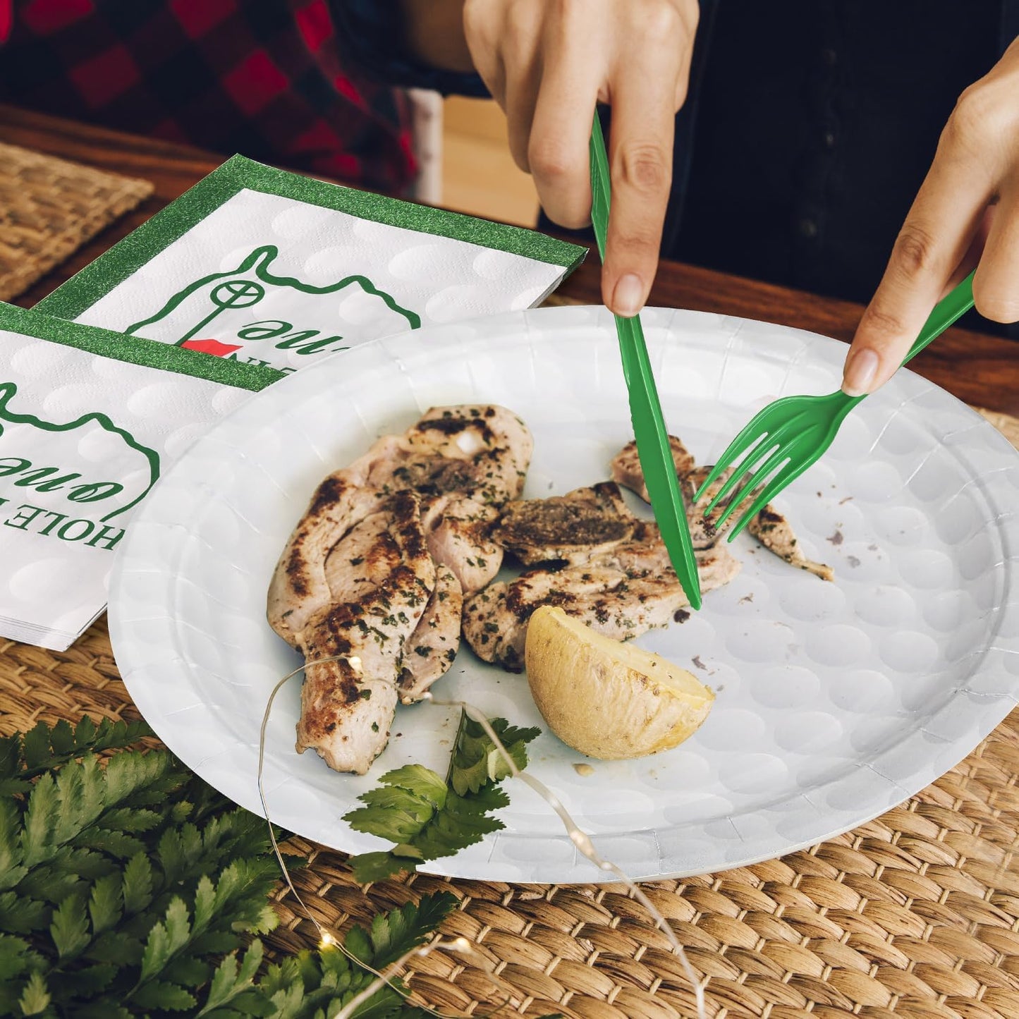 144 Pcs 3D Golf Ball Party Supplies Paper Ball Plates and Napkins Dinnerware Set Tableware Supplies Includes Paper Plates Napkins Forks Serve 24 for Birthday Sports Party decorations