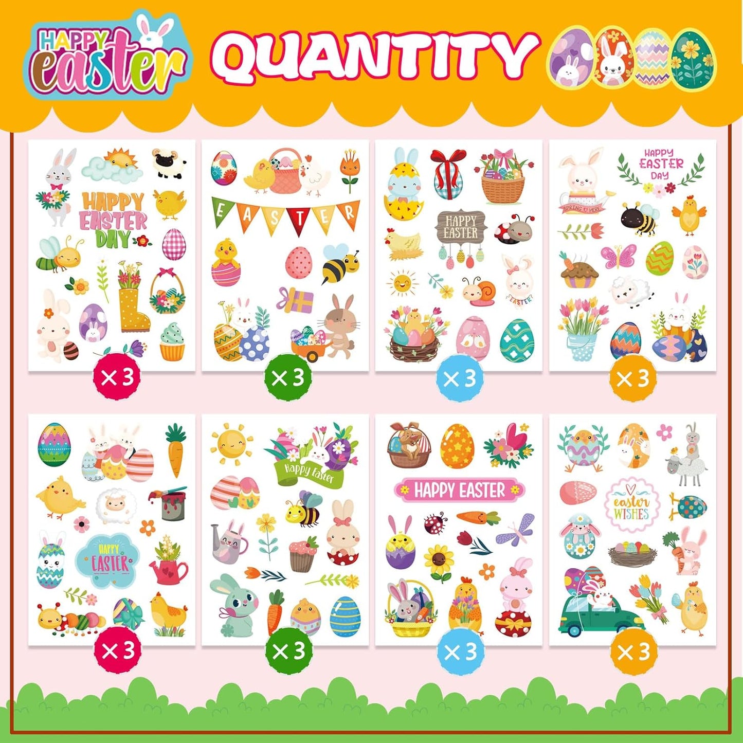 24 Sheets Easter Stickers, Spring Stickers for Kids, Easter Egg Bunny Stickers Decorating Party Favors, Treats for Kids, Easter Basket Stuffers